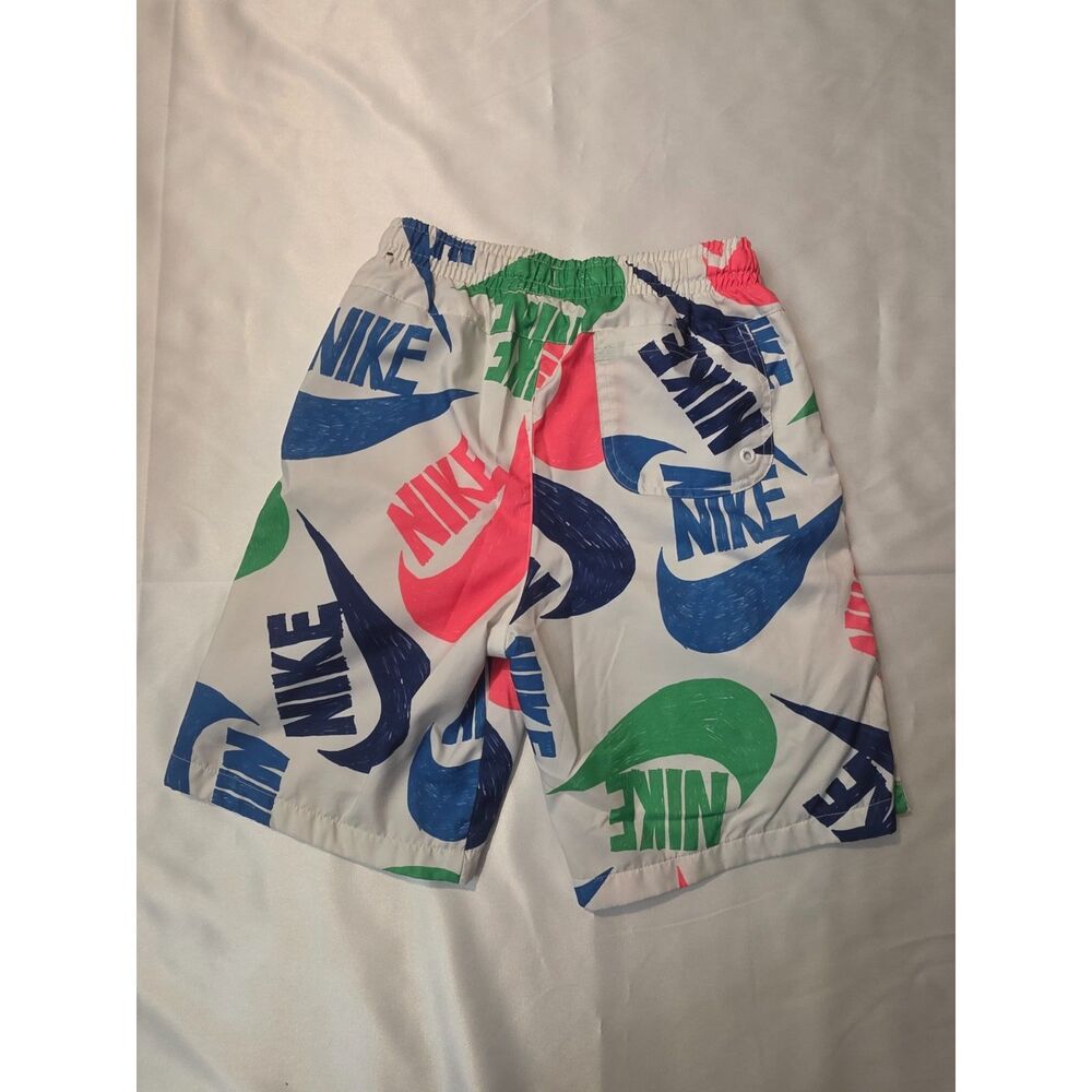 Nike Shorts Youth Medium M Swim Trunks White Multi Color Swoosh All Over Print